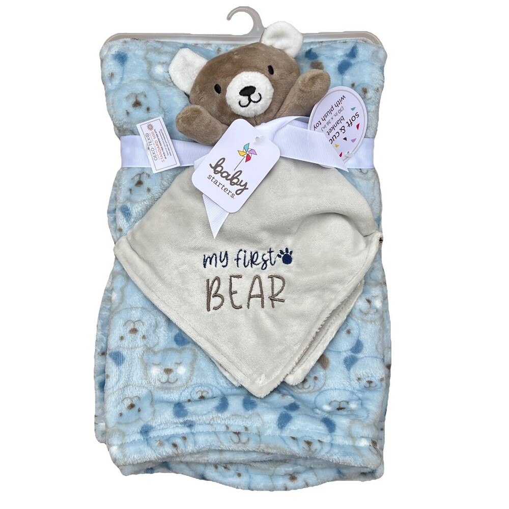 Baby Starters My First Bear Blanket Blue Gray Teddy Bear Face Print Lovey Set